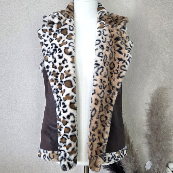 Vintage effect gilet lined with leopard print faux fur (S-L)