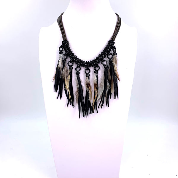 Luxury bohemian style necklace with feather & suede elements