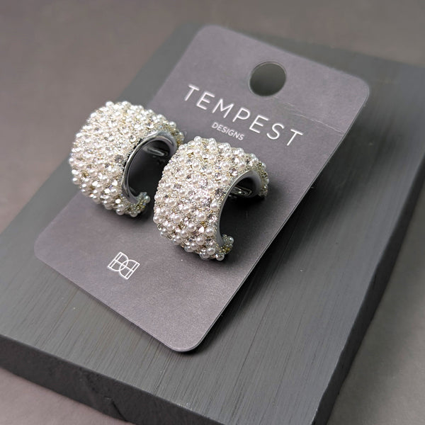 Mini pearl crystal wide flat curved earrings