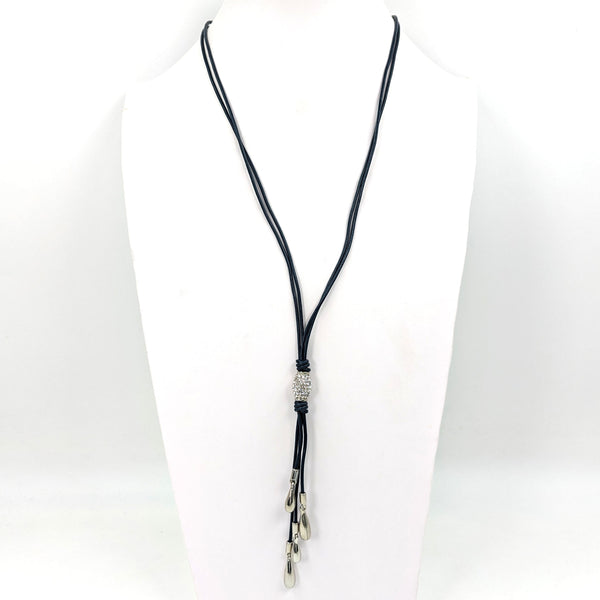 Long y-shape leather necklace with central diamante & tassle