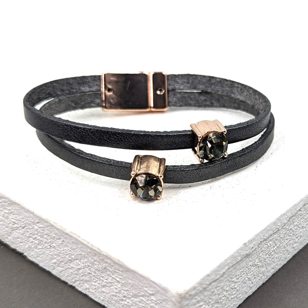 Leather bracelet with crystal features and magnetic clasp
