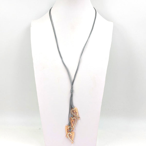Heart drops with nugget detail on long leather necklace