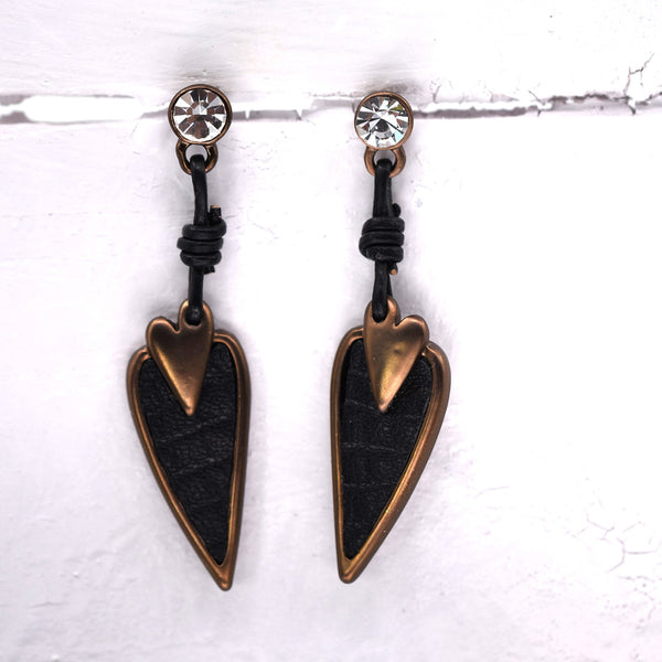 Matt Coffee and Black Heart Drop Earring with Crystal