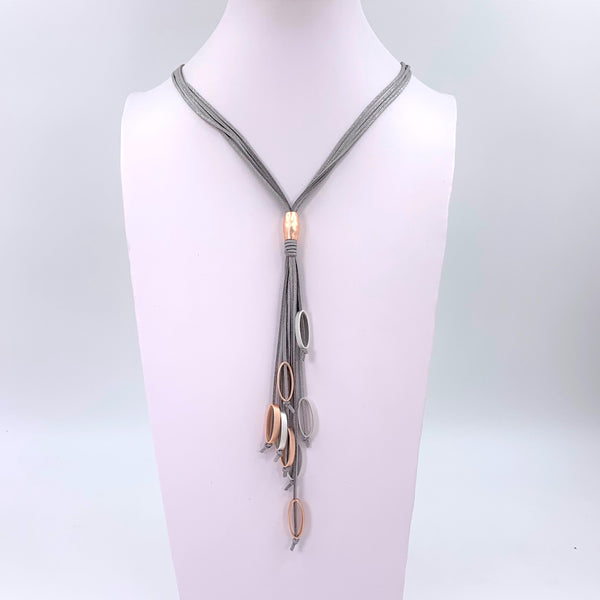 Open ovals elements long Y-shape necklace on special metallic shimmer suede