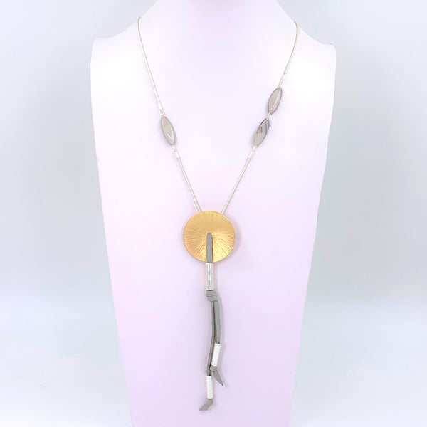 Contemporary Y-shape necklace with circle component and faux suede