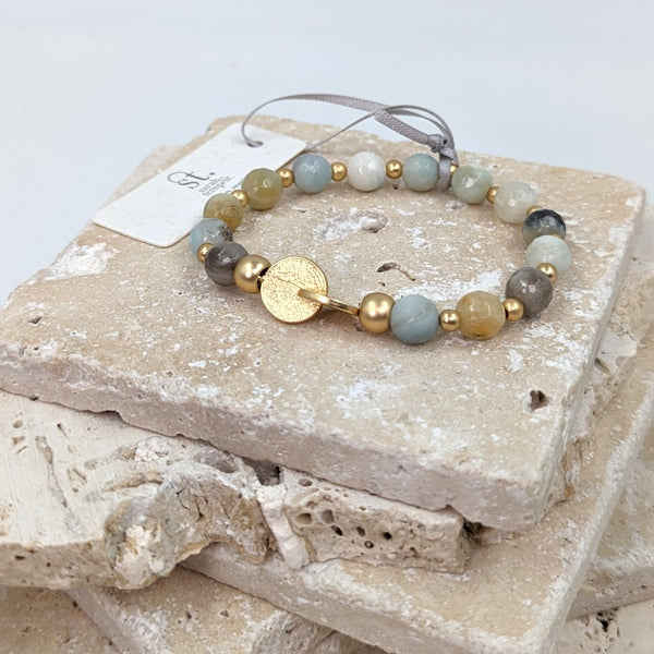 Facetted amazonite stretchy beaded bracelet with textured link disc component