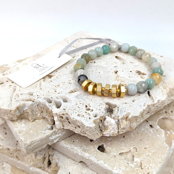 Amazonite stretchy bracelet with hexagonal component section