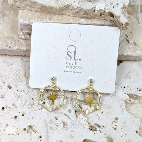 Circle and CZ drop earrings with 8 point hanging star element