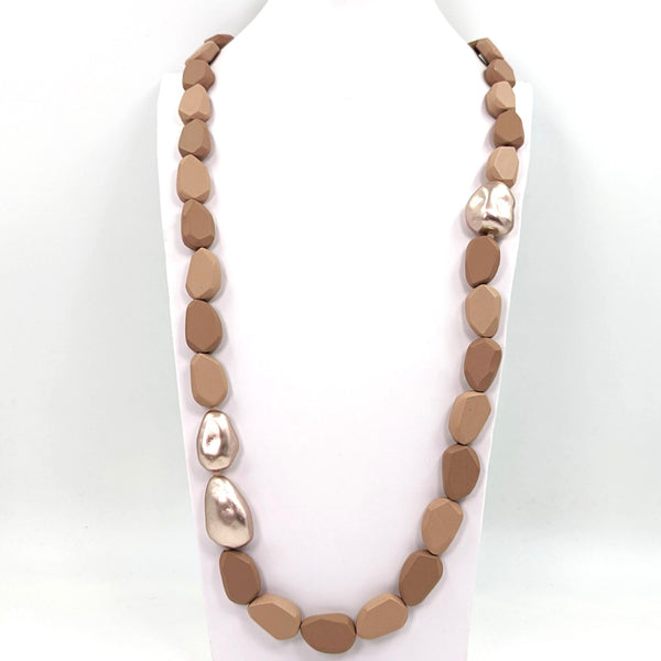 Long wooden beaded necklace with metallic accent feature