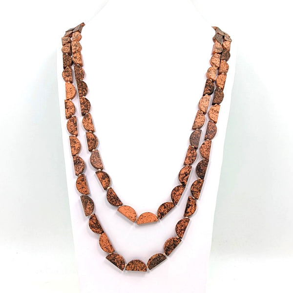 Semi circle long wooden beaded necklace with gold splash effect