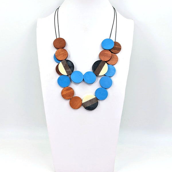 Double layer contemporary wood disc necklace with fused resin accents