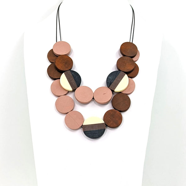 Double layer contemporary wood disc necklace with fused resin accents