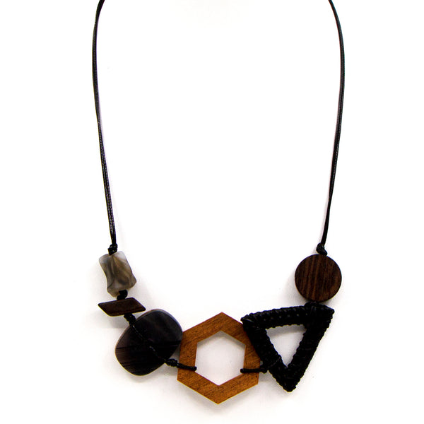 Adjustable short or mid length wood, rattan and resin component necklace