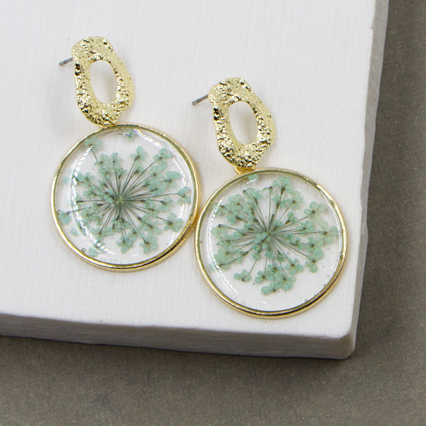 Real flower resin drop earrings with organic circle shape post
