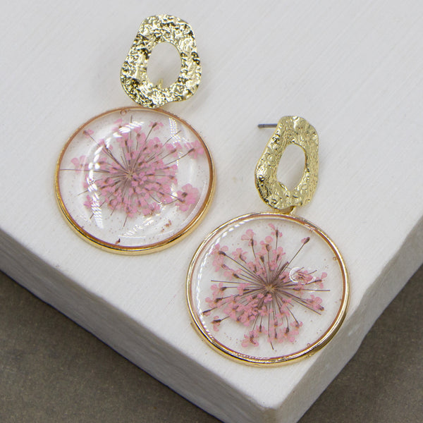Real flower resin drop earrings with organic circle shape post