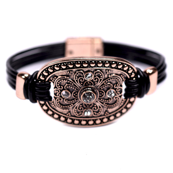 Leather bracelet with decorative centre feature and crystals