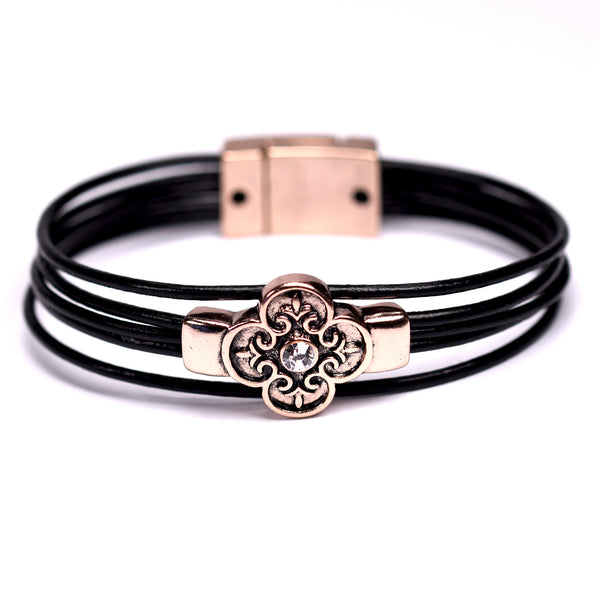 Multi-cord leather bracelet with flower and crystal detail