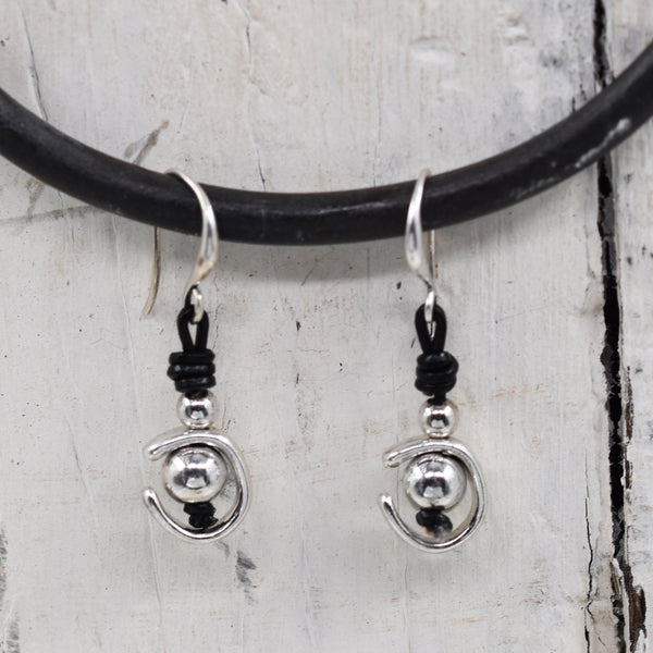 Organic shape motif drop earrings with leather components