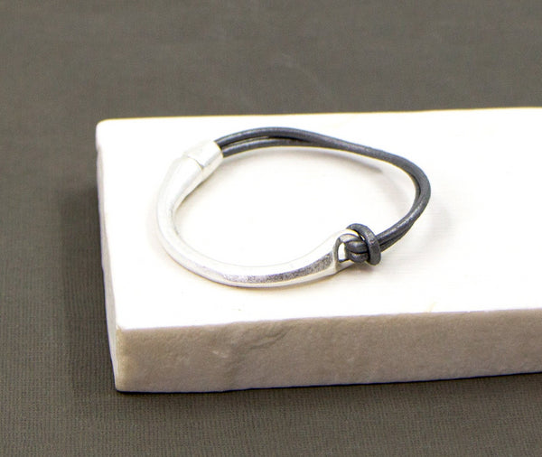 Half bangle half leather bracelet with magnetic clasp