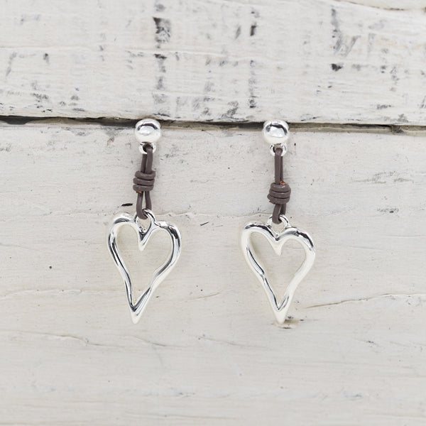 Heart shape drop earrings with leather components