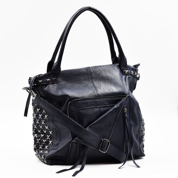 Soft washed PU roomy handbag with cross metal detail side