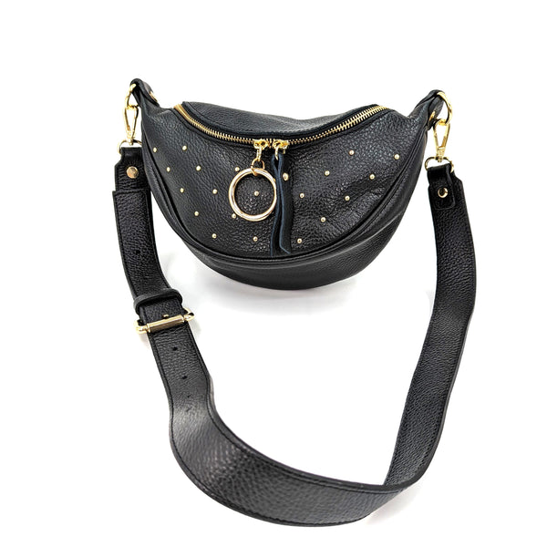 Leather bum bag with stud detail and ring pull zip