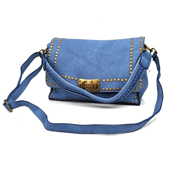 Luxury vintage wash high quality cross body leather handbag with antique gold clasp and studs