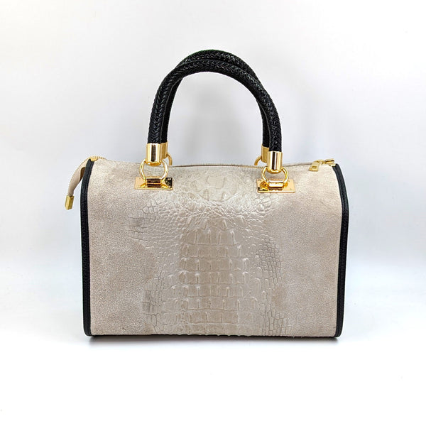 Roomy structured super stylish crocodile handbag with patent rope handles and gold accessories