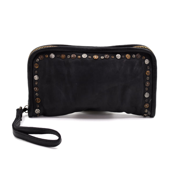 Italian leather clutch bag with soft hammered studs and hand strap