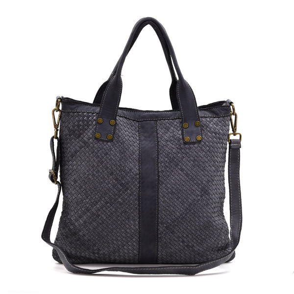 Woven patterned Italian leather handbag with long strap