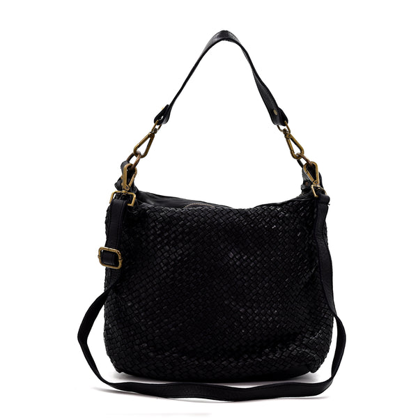 Woven patterned Italian leather handbag with long strap