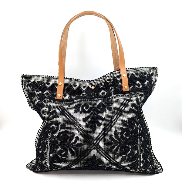 Sardinian tapestry tote bag with leather straps