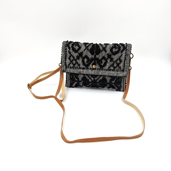 Sardinian tapestry clutch bag with hand cross body leather straps