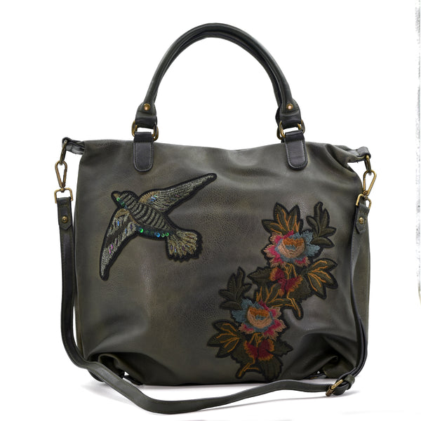 Floral and bird embrodied handbag