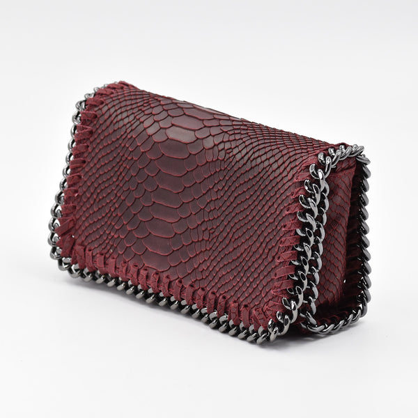 Crocodile patterned Italian leather clutch bag with shoulder chain