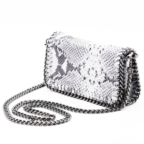 Italian leather snake print clutch bag with cross body chain