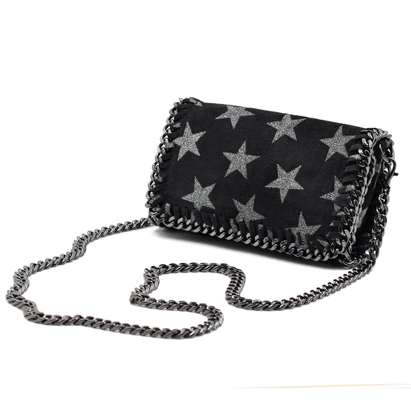 Metallic star suede clutch bag with chain should strap