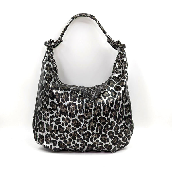Stylish metallic leather relaxed leopard print handbag with zip closing