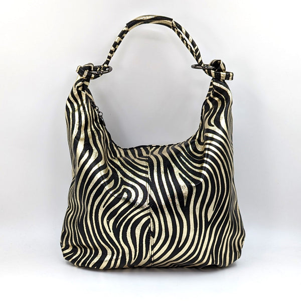 Stylish metallic leather relaxed tiger print handbag with zip closing