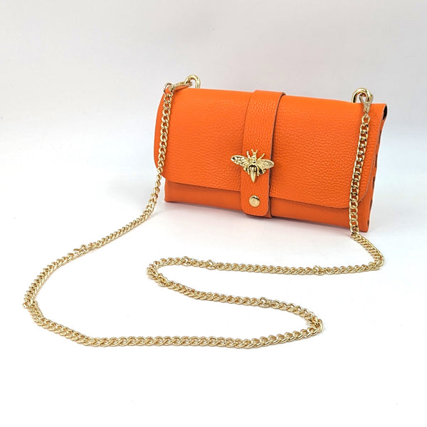 Plain leather 'Gucci' style bee clutch bag with detachable gold rope chain strap