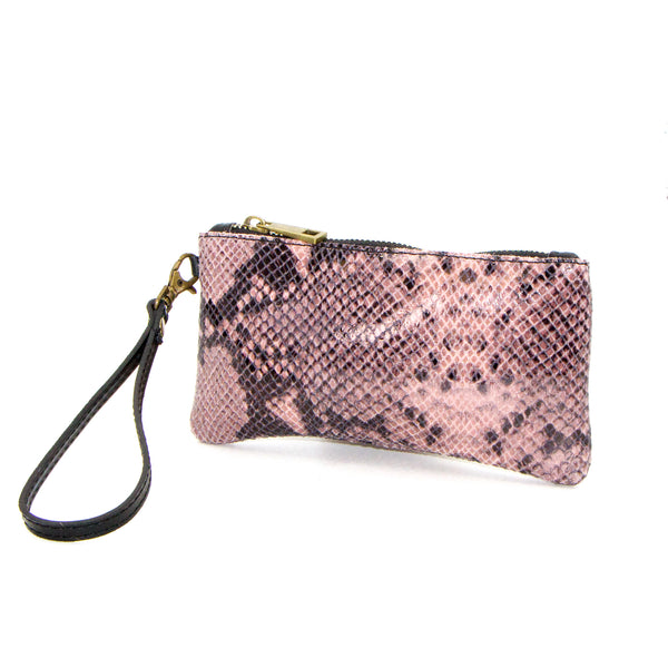 Snake print leather coin pouch with hand strap