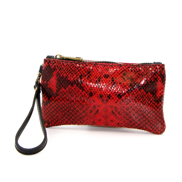 Snake print leather coin pouch with hand strap