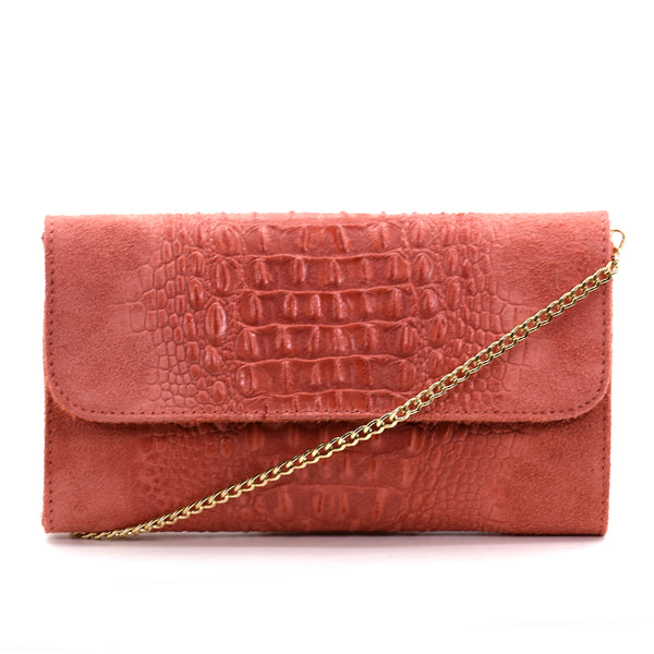 Crocodile patterned Italian leather suede clutch/cross body with gold chain