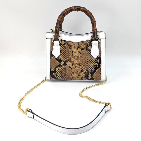 Cute bamboo handle leather bag with unique snake panel
