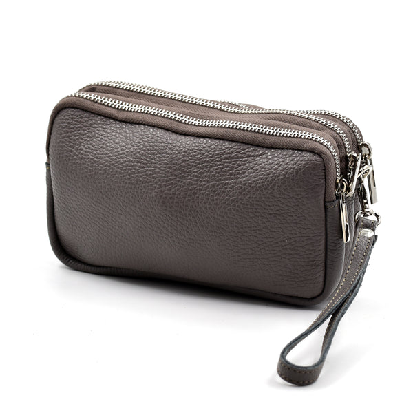 Classic leather 3 compartment clutch with hand strap