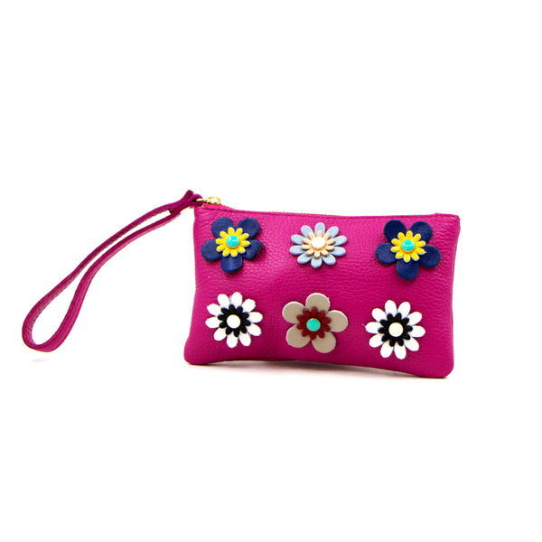 Flower embellished Italian leather clutch bag with hand strap