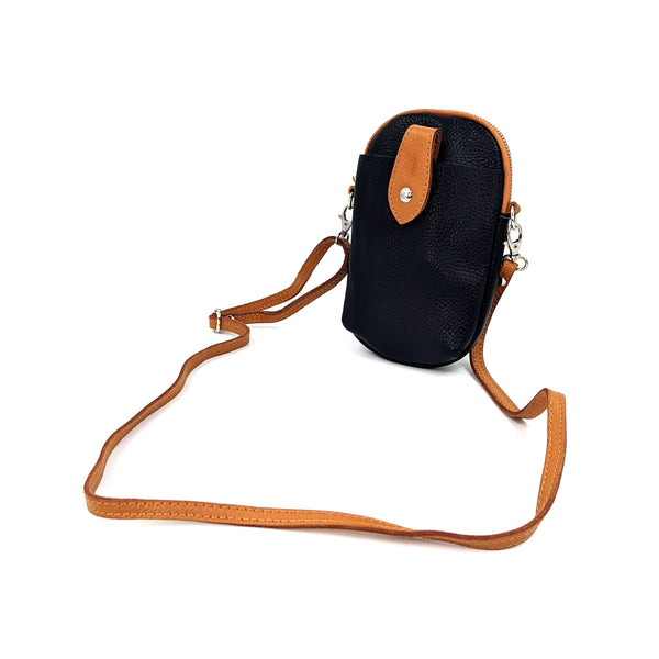 Crossbody mini leather bag with front and back compartments and poppers