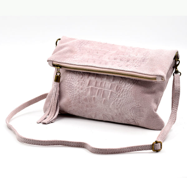 Italian suede clutch bag with croc panel detail, tassel and long strap
