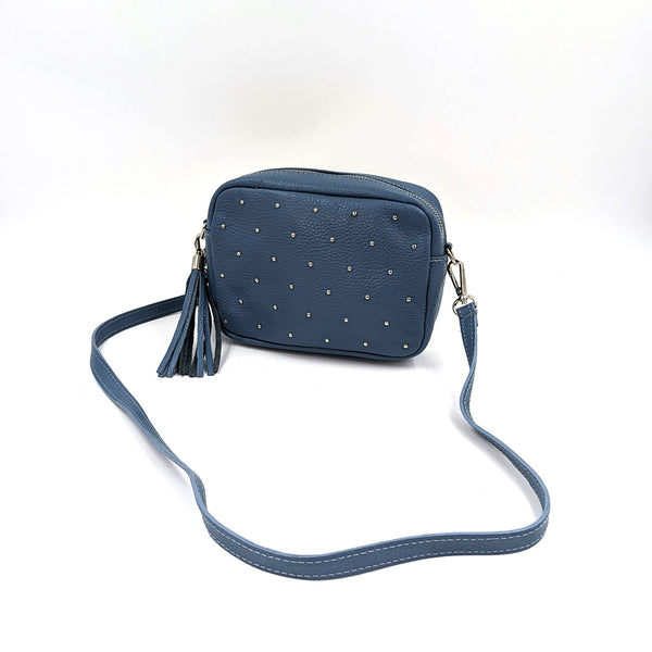 Small leather cross body boxy bag with stud detail and tassel