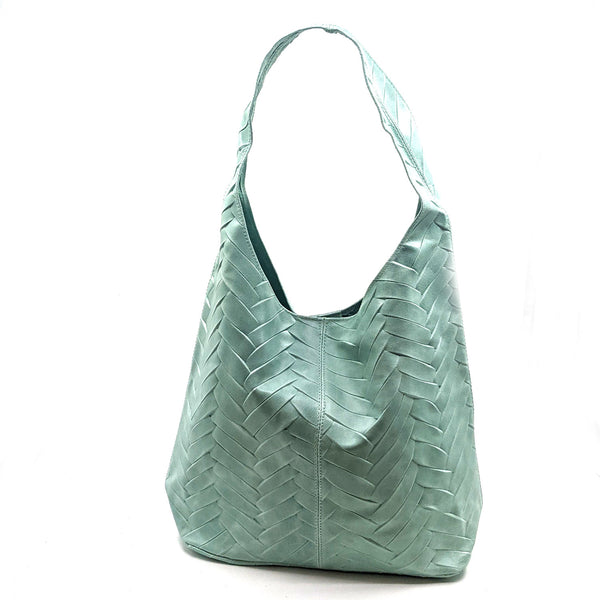 Herringbone effect leather handbag with internal attached purse